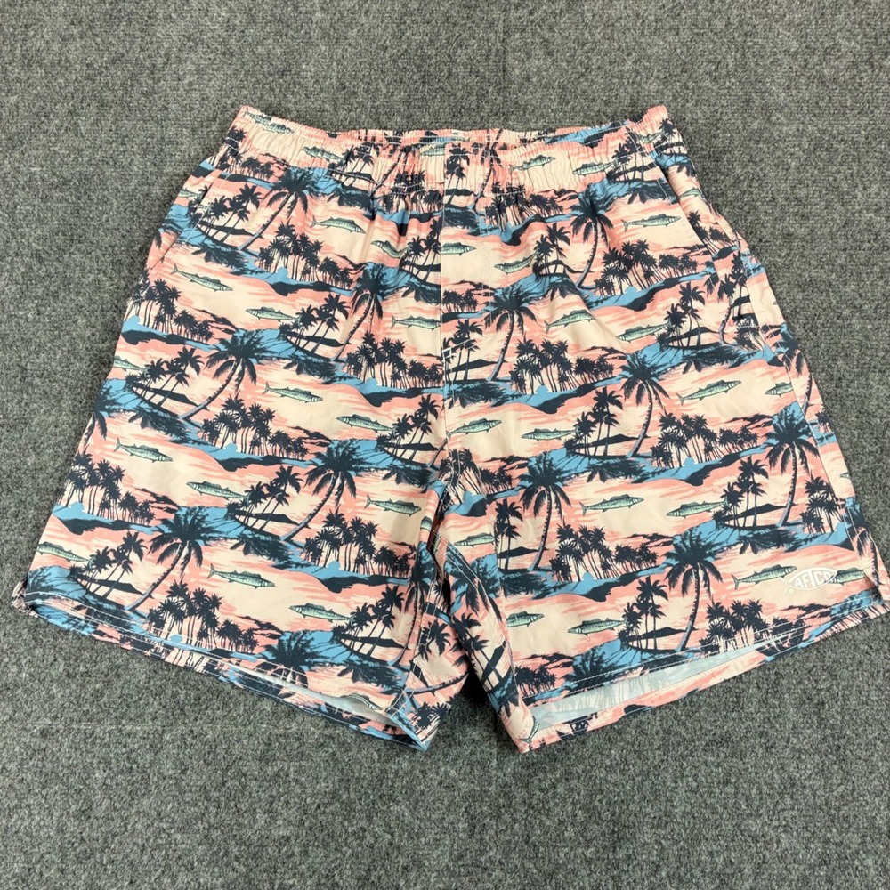 AFTCO Mens Swim Trunks Large Pink Blue Tropical Palm Tree Fish Board Shorts 2602